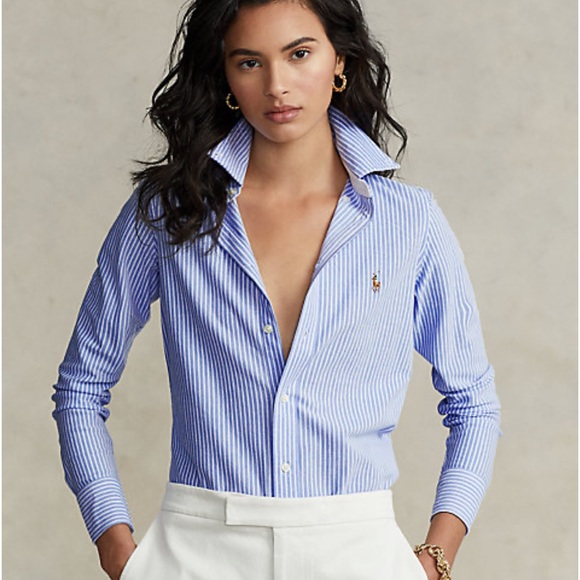 Ralph Lauren Tops - 🏇RALPH LAUREN - Blue Striped Knit Oxford Button Front Polo Shirt 🏇